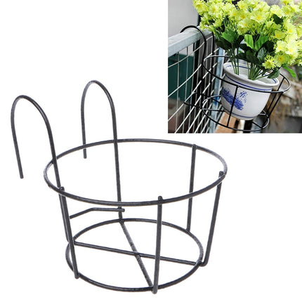 Balcony Fence Round Metal Flower Stand Wrought Iron Wall-mounted Flower Pot Stand, Size:S(Black)-garmade.com