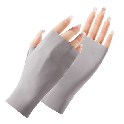 2 Pairs Ladies Sunscreen Gloves Half Finger Ice Silk Gloves,Style: Linked Finger(Gray)-garmade.com