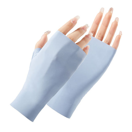 2 Pairs Ladies Sunscreen Gloves Half Finger Ice Silk Gloves,Style: Linked Finger(Blue)-garmade.com