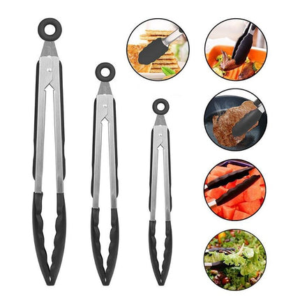 3 in 1 Stainless Steel Bread Barbecue Food Clip Silicone Baking Tools Set (Black)-garmade.com