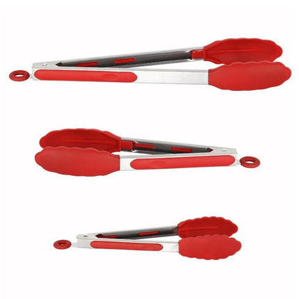 3 in 1 Stainless Steel Bread Barbecue Food Clip Silicone Baking Tools Set (Red)-garmade.com