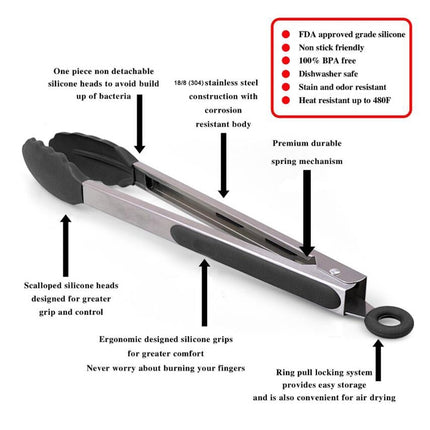 2 in 1 Stainless Steel Bread Barbecue Food Clip Silicone Baking Tools Set (Black)-garmade.com