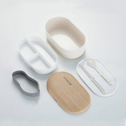 Oval Simple Lunch Box Wooden Sushi Sealed Leak-proof Lunch Box with Cutlery(White)-garmade.com