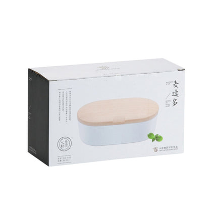 Oval Simple Lunch Box Wooden Sushi Sealed Leak-proof Lunch Box with Cutlery(White)-garmade.com