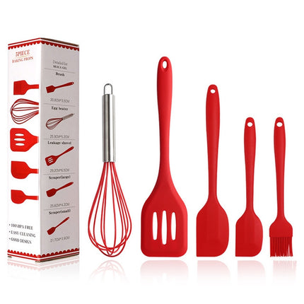 5 In 1 Pot Spatula Silicone Spatula Egg Beater Cooking Baking Tool Set(Red)-garmade.com