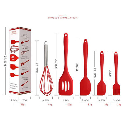 5 In 1 Pot Spatula Silicone Spatula Egg Beater Cooking Baking Tool Set(Red)-garmade.com