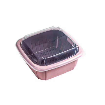 Creative Multifunctional Double-deck Drain Basket Kitchen Refrigerator Fresh Box Plastic Fruit Storage Basket with Lid(Pink)-garmade.com