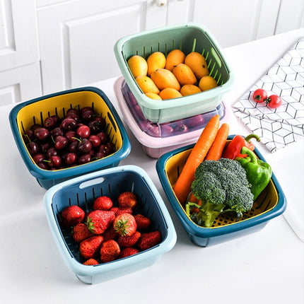 Creative Multifunctional Double-deck Drain Basket Kitchen Refrigerator Fresh Box Plastic Fruit Storage Basket with Lid(Pink)-garmade.com