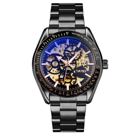 SKMEI 9194 Men Automatic Skeleton Mechanical Steel Band Watch (Black)-garmade.com