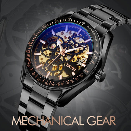 SKMEI 9194 Men Automatic Skeleton Mechanical Steel Band Watch (Black)-garmade.com
