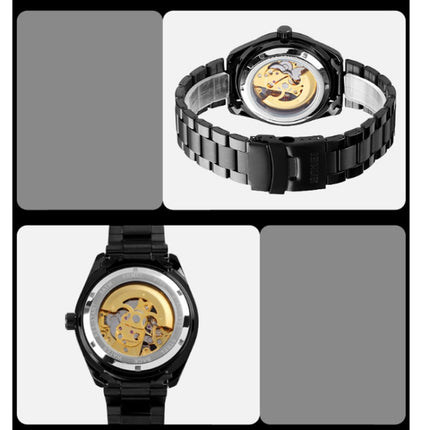 SKMEI 9194 Men Automatic Skeleton Mechanical Steel Band Watch (Black)-garmade.com