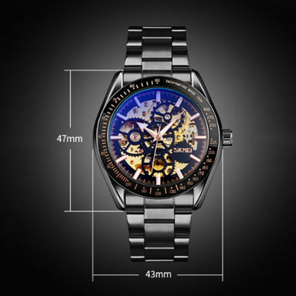 SKMEI 9194 Men Automatic Skeleton Mechanical Steel Band Watch (Black)-garmade.com