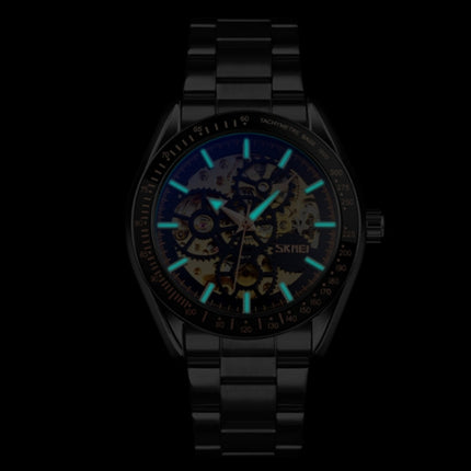 SKMEI 9194 Men Automatic Skeleton Mechanical Steel Band Watch (Black)-garmade.com