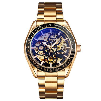 SKMEI 9194 Men Automatic Skeleton Mechanical Steel Band Watch (Golden Black Face)-garmade.com