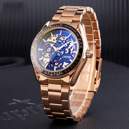 SKMEI 9194 Men Automatic Skeleton Mechanical Steel Band Watch (Golden Black Face)-garmade.com