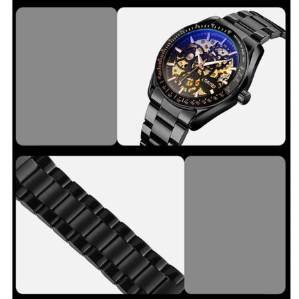 SKMEI 9194 Men Automatic Skeleton Mechanical Steel Band Watch (Golden Black Face)-garmade.com