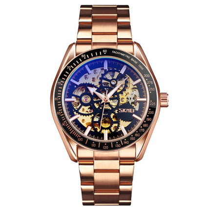 SKMEI 9194 Men Automatic Skeleton Mechanical Steel Band Watch (Rose Gold)-garmade.com