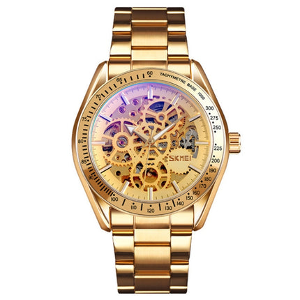 SKMEI 9194 Men Automatic Skeleton Mechanical Steel Band Watch (Golden Gold Face)-garmade.com