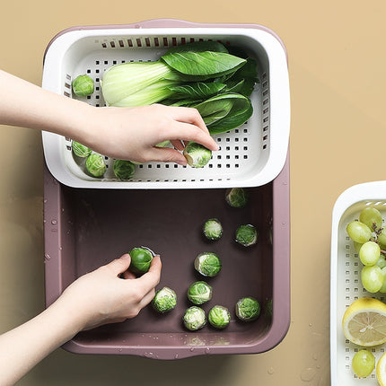 Double-layer Classification Square Drain Basket Kitchen Household Plastic Fruit and Vegetable Basket(Dark Red)-garmade.com