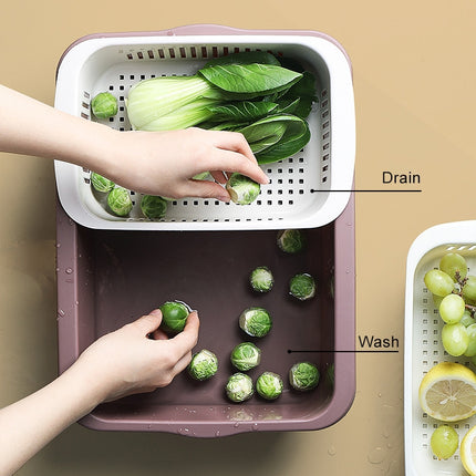 Double-layer Classification Square Drain Basket Kitchen Household Plastic Fruit and Vegetable Basket(Dark Red)-garmade.com