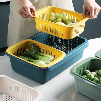 Double-layer Classification Square Drain Basket Kitchen Household Plastic Fruit and Vegetable Basket(Yellow Blue)-garmade.com