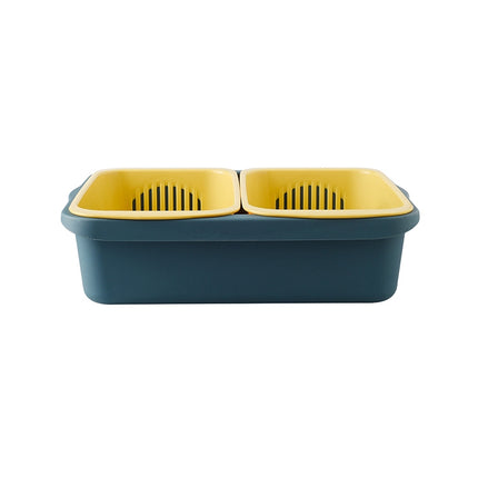 Double-layer Classification Square Drain Basket Kitchen Household Plastic Fruit and Vegetable Basket(Yellow Blue)-garmade.com