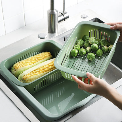 Double-layer Classification Square Drain Basket Kitchen Household Plastic Fruit and Vegetable Basket(Grass Green)-garmade.com