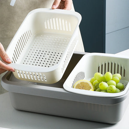 Double-layer Classification Square Drain Basket Kitchen Household Plastic Fruit and Vegetable Basket(Light Gray)-garmade.com