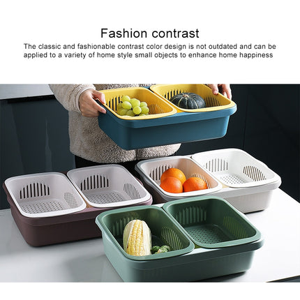 Double-layer Classification Square Drain Basket Kitchen Household Plastic Fruit and Vegetable Basket(Light Gray)-garmade.com