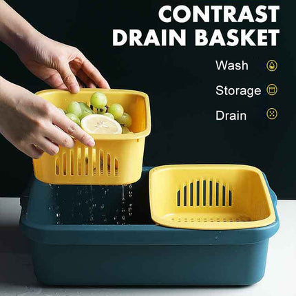 Double-layer Classification Square Drain Basket Kitchen Household Plastic Fruit and Vegetable Basket(Light Gray)-garmade.com