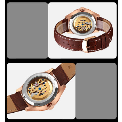SKMEI 9223 Men Automatic Hollow Through Bottom Watch Student Leather Watch Belt Mechanical Watch, Colour:Rose Gold Shell Gold Face-garmade.com
