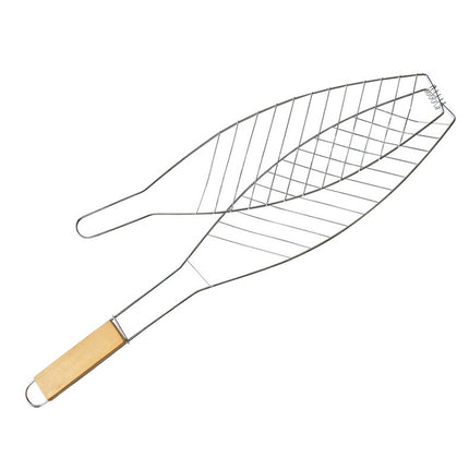 Chrome Plated Wooden Handle Single Fish Barbecue Net Clip Outdoor Grilled Fish Clip Barbecue Tool-garmade.com