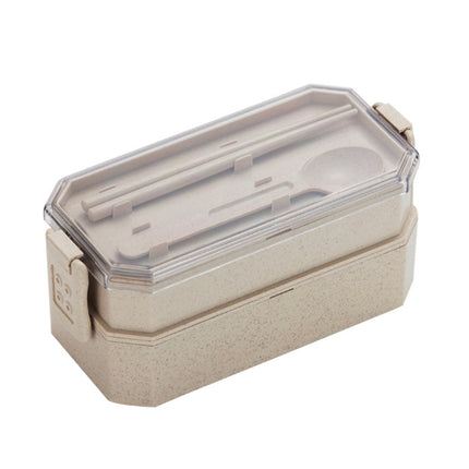 Double-layer Lunch Box Plastic Microwaveable Student Lunch Box Cutlery set(Beige)-garmade.com