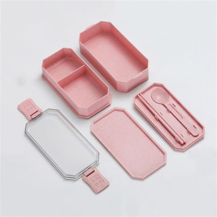 Double-layer Lunch Box Plastic Microwaveable Student Lunch Box Cutlery set(Beige)-garmade.com