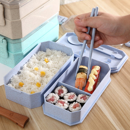 Double-layer Lunch Box Plastic Microwaveable Student Lunch Box Cutlery set(Beige)-garmade.com