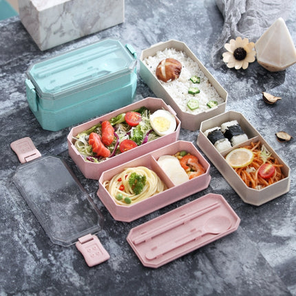 Double-layer Lunch Box Plastic Microwaveable Student Lunch Box Cutlery set(Beige)-garmade.com