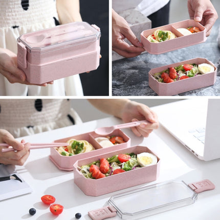 Double-layer Lunch Box Plastic Microwaveable Student Lunch Box Cutlery set(Beige)-garmade.com