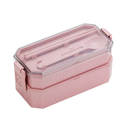 Double-layer Lunch Box Plastic Microwaveable Student Lunch Box Cutlery set(Pink)-garmade.com