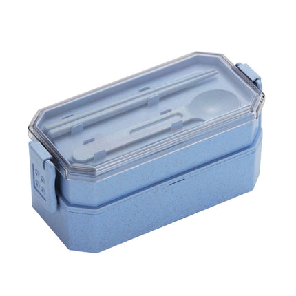 Double-layer Lunch Box Plastic Microwaveable Student Lunch Box Cutlery set(Blue)-garmade.com