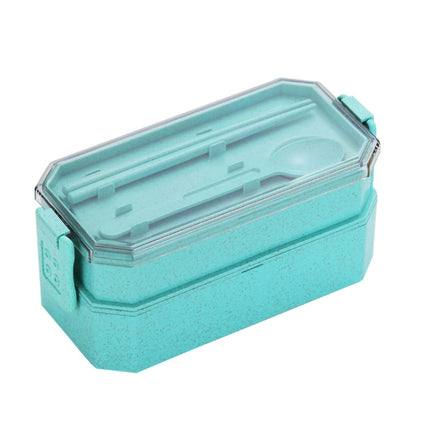 Double-layer Lunch Box Plastic Microwaveable Student Lunch Box Cutlery set(Green)-garmade.com