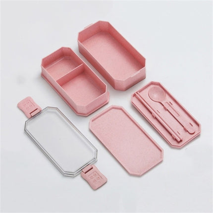 Double-layer Lunch Box Plastic Microwaveable Student Lunch Box Cutlery set(Green)-garmade.com