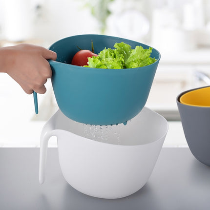 2 in 1 Double-layer Drain Basket Kitchen Plastic Fruit Vegetable Basket Salad Bowl(Blue White)-garmade.com
