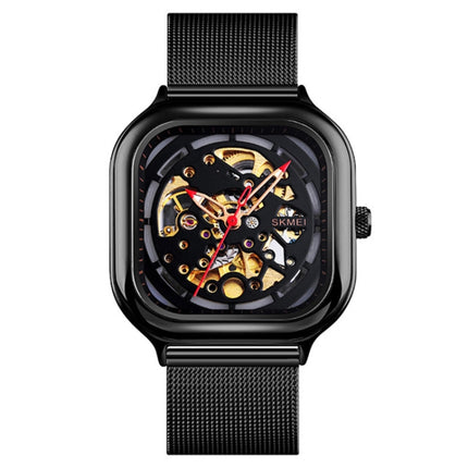 SKMEI 9184 Men Automatic Mechanical Watch Mesh with Hollow Square Tourbillon Student Watch (Black)-garmade.com