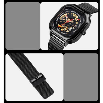 SKMEI 9184 Men Automatic Mechanical Watch Mesh with Hollow Square Tourbillon Student Watch (Black)-garmade.com