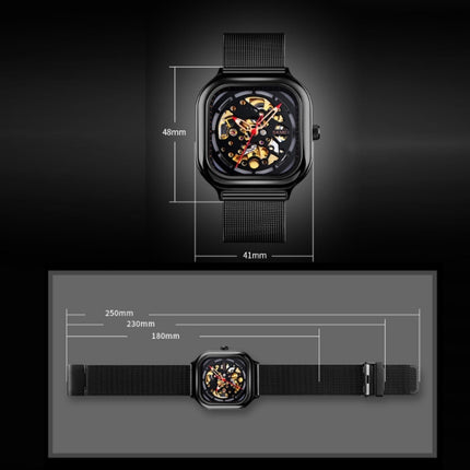 SKMEI 9184 Men Automatic Mechanical Watch Mesh with Hollow Square Tourbillon Student Watch (Black)-garmade.com