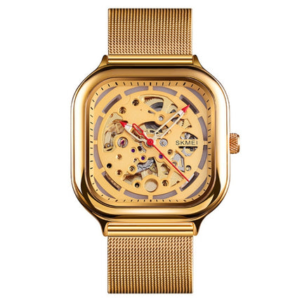 SKMEI 9184 Men Automatic Mechanical Watch Mesh with Hollow Square Tourbillon Student Watch (Gold)-garmade.com