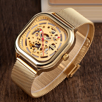 SKMEI 9184 Men Automatic Mechanical Watch Mesh with Hollow Square Tourbillon Student Watch (Gold)-garmade.com