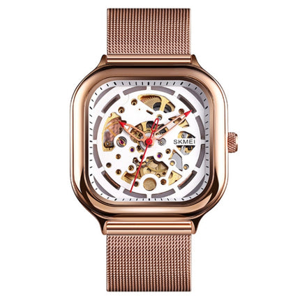 SKMEI 9184 Men Automatic Mechanical Watch Mesh with Hollow Square Tourbillon Student Watch (Rose Gold)-garmade.com