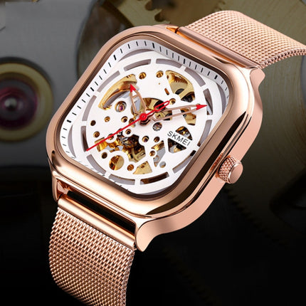 SKMEI 9184 Men Automatic Mechanical Watch Mesh with Hollow Square Tourbillon Student Watch (Rose Gold)-garmade.com