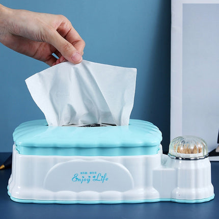 Living Room Plastic Retractable Tissue Box Household Multi-function Drawer Box with Toothpick Box(Blue)-garmade.com